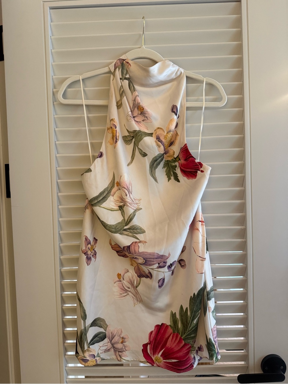 Meshki White Floral Halter Mini Dress with Red and Green Accents